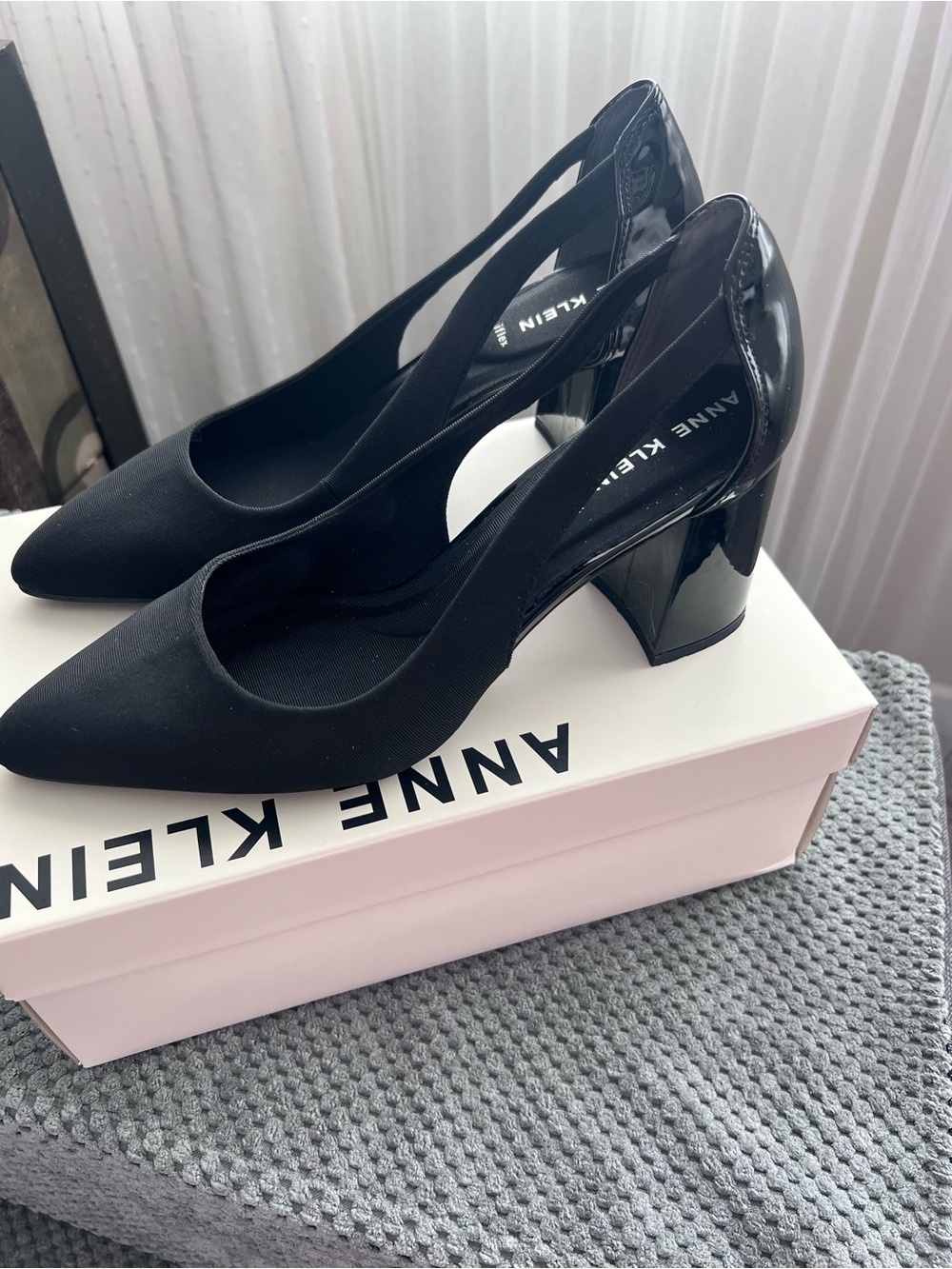 Anne Klein Black Pointed-Toe Slingback Block Heel Pumps